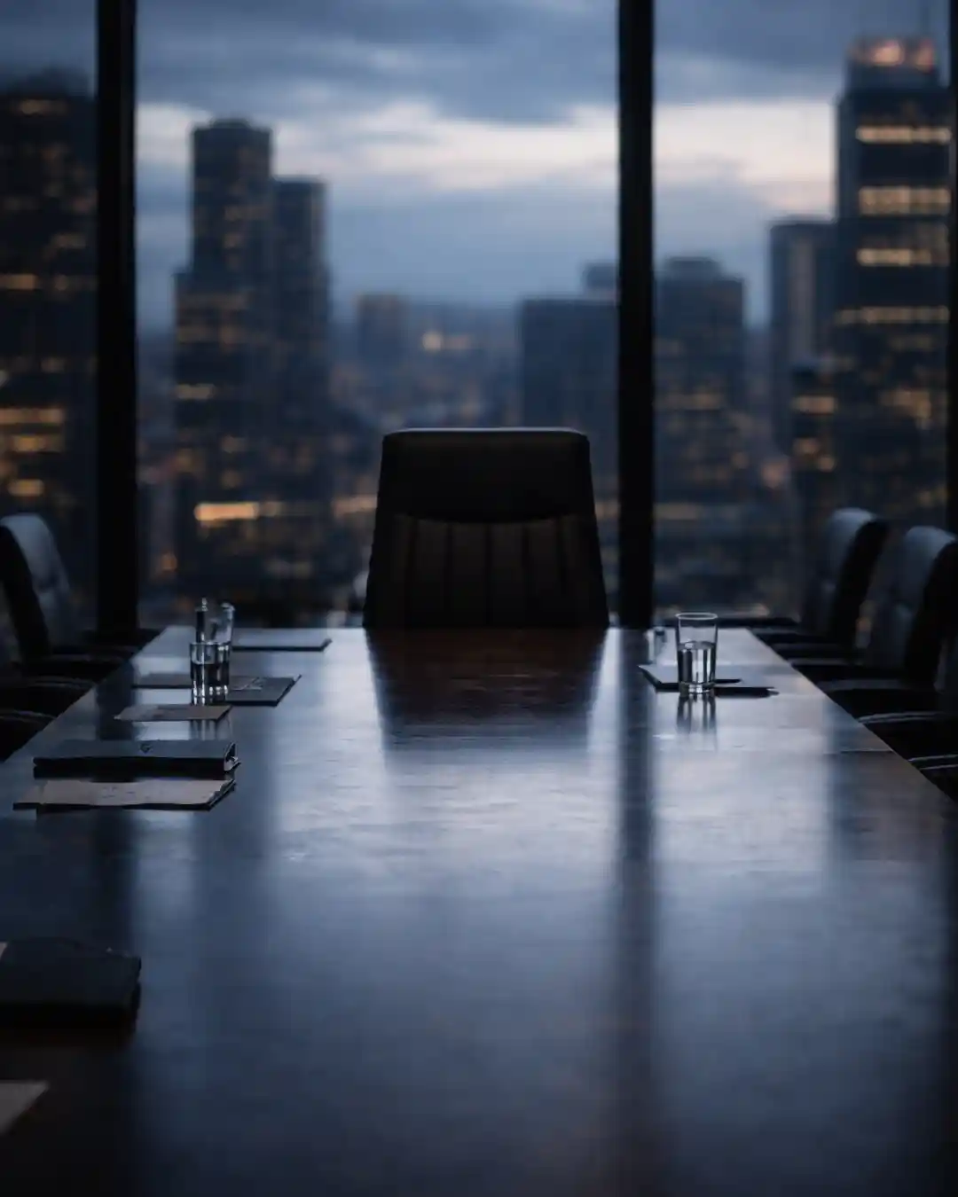 change-management-scheitern-fehlende-fuehrung-sponsorship Konferenzraum mit einem langen Tisch und einem leeren Stuhl vor großen Fenstern mit Stadtansicht.