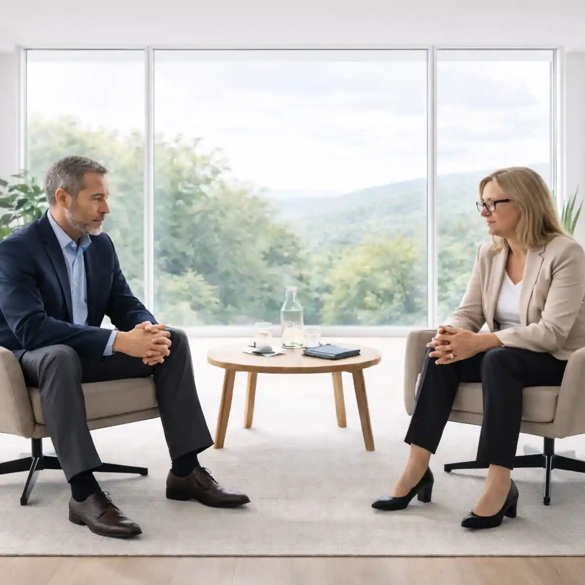 mentoring-einzelbegleitung-fuehrungskraft Zwei Führungskräfte in einem Gespräch, sitzend in modernen Sesseln mit einem Tisch zwischen ihnen.