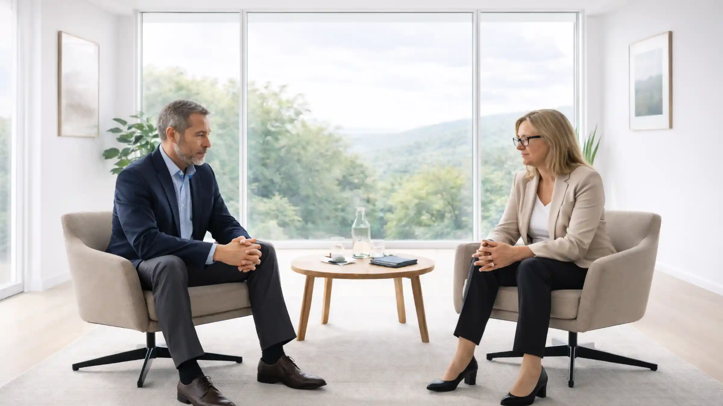 mentoring-fuehrungskraft-einzelbegleitung Mentoring-Sitzung zwischen Führungskraft und Beraterin in einem modernen Raum mit Blick auf die Natur.