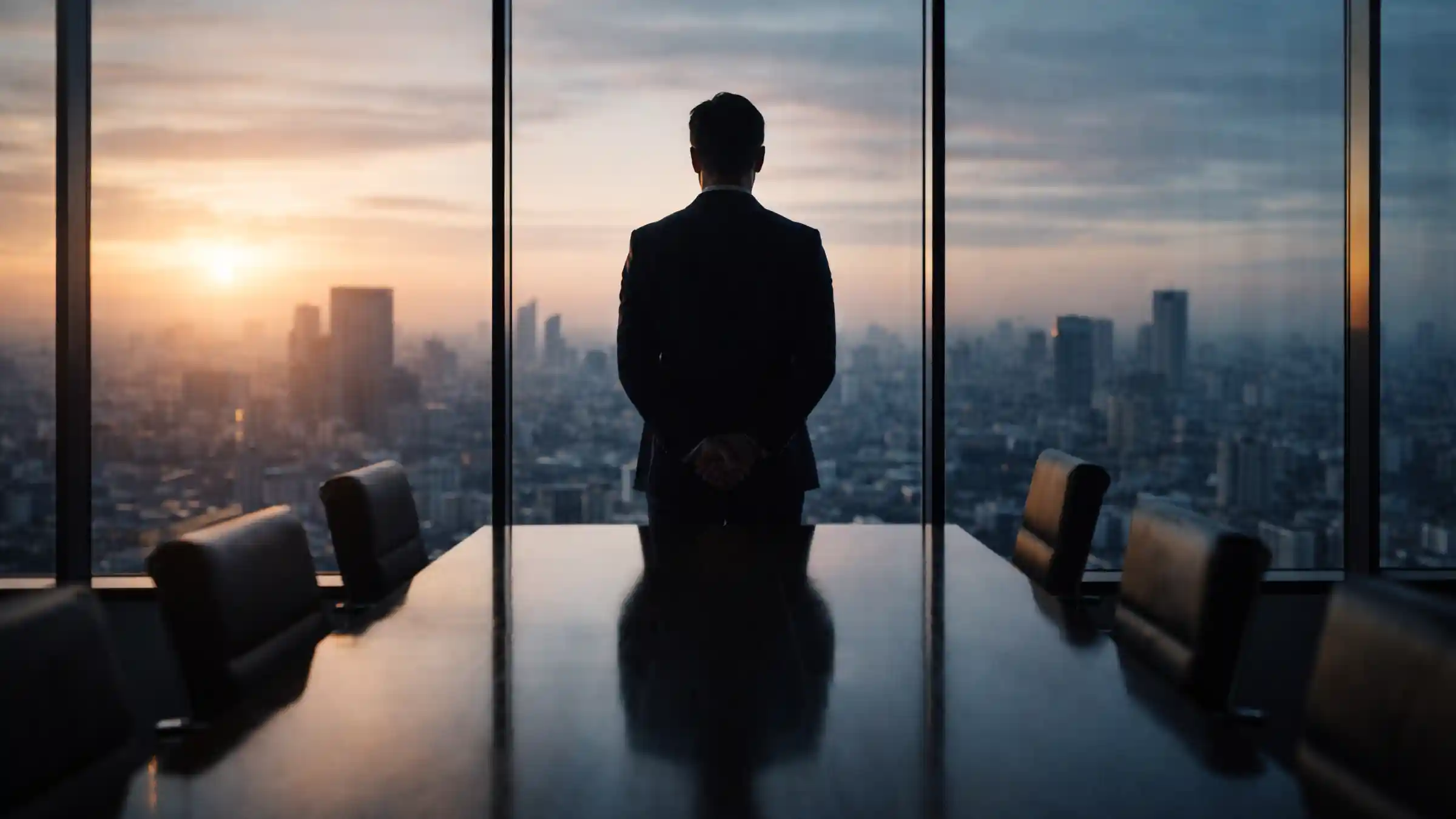 sponsorship-begleitung-change-management-fuehrung Mann in Anzug steht mit verschränkten Händen vor einem großen Fenster mit Blick auf die Stadt bei Sonnenuntergang.