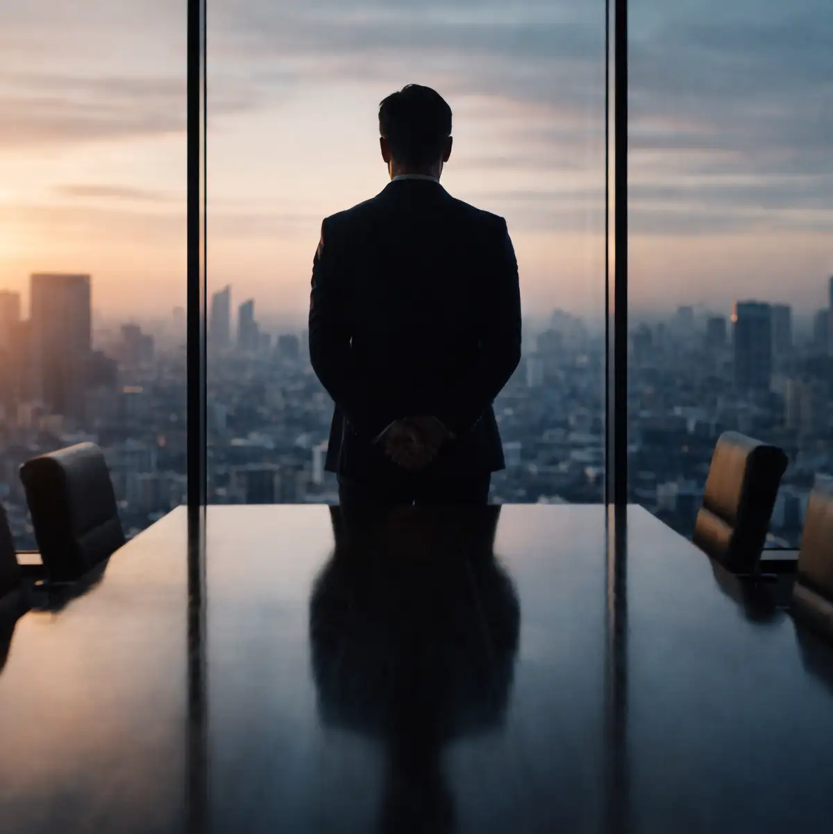 sponsorship-fuehrungsverantwortung-vorstand Mann in Anzug steht mit verschränkten Händen vor einem großen Fenster mit Stadtansicht bei Sonnenuntergang.