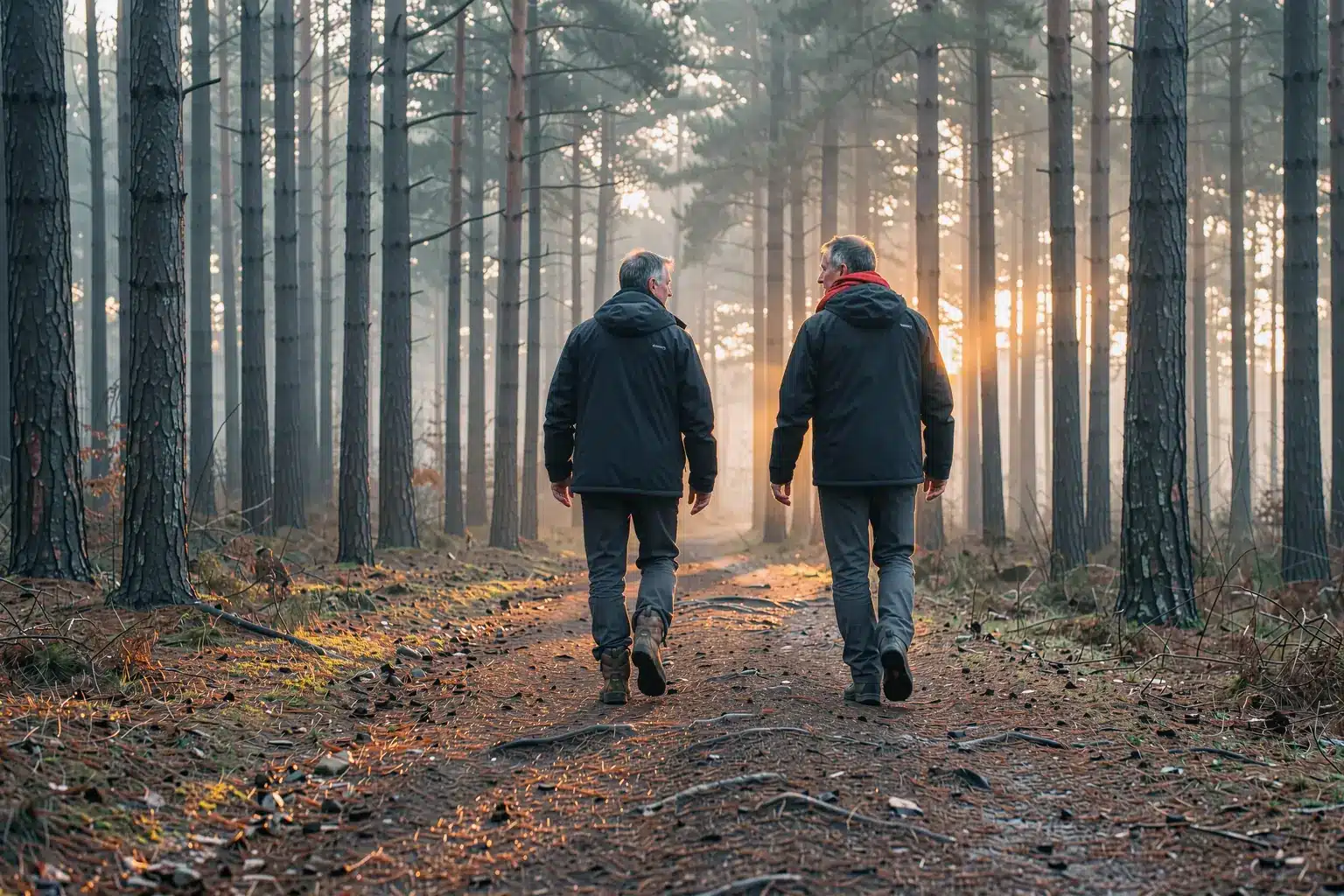 Zwei Männer gehen nebeneinander einen nebligen Waldweg entlang, im Gegenlicht der Morgensonne