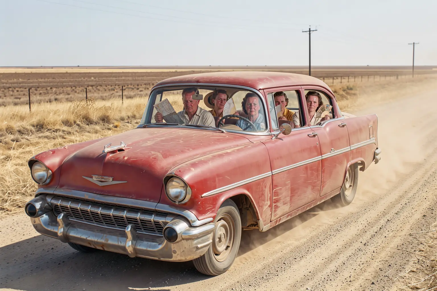 Ein alter roter Wagen fährt mit einer Familie über eine staubige Landstraße in Texas in flirrender Hitze