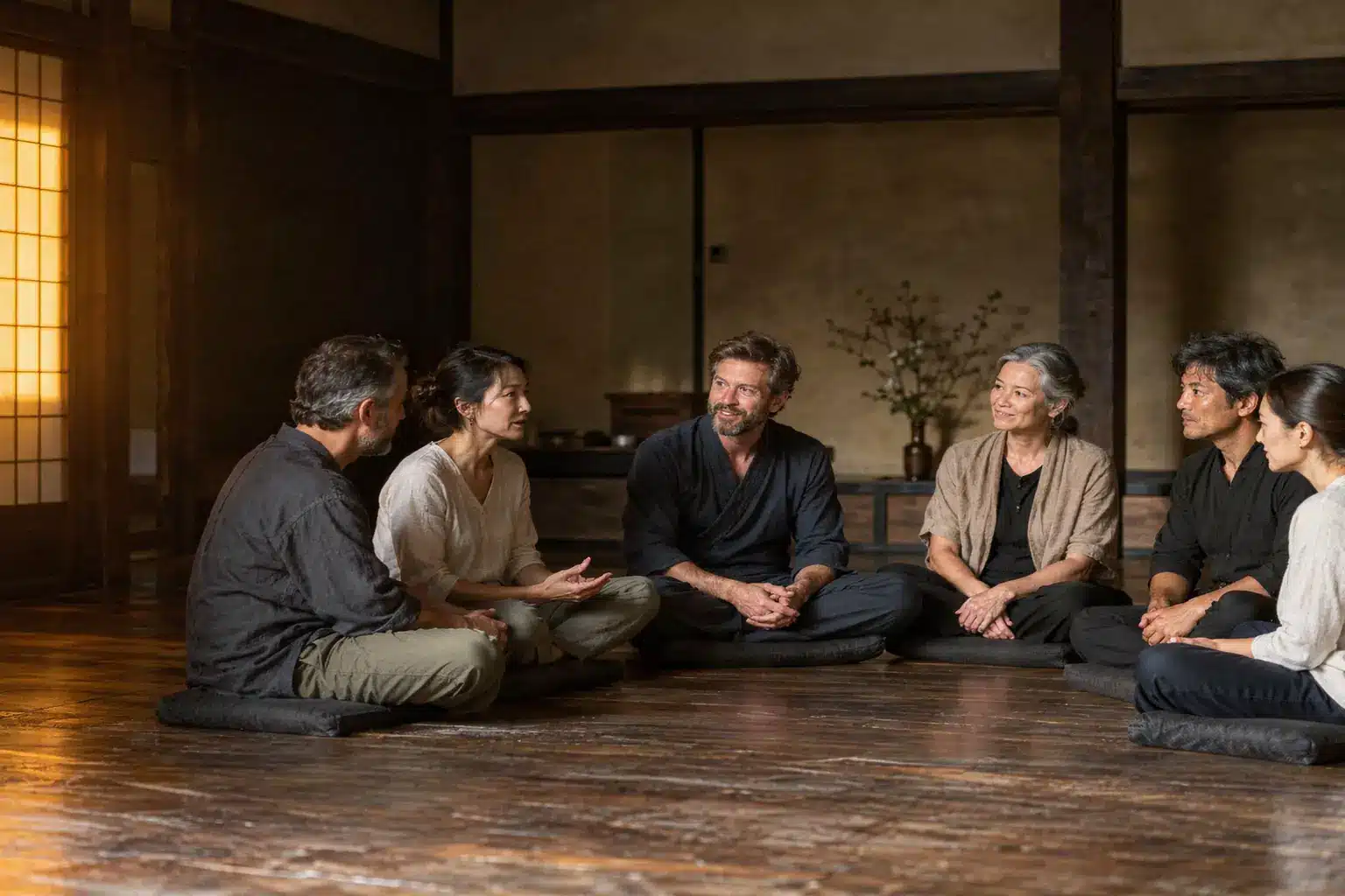 Eine Gruppe sitzt im Kreis auf dem Holzboden eines japanischen Raums, eine Person spricht, die anderen hören zu