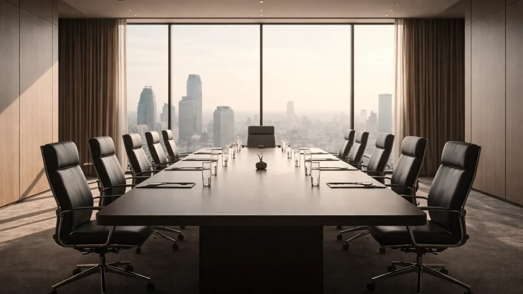 Leerer Konferenzraum mit Blick auf die Stadt Leerer Konferenzraum mit langem Tisch und Blick auf die Skyline